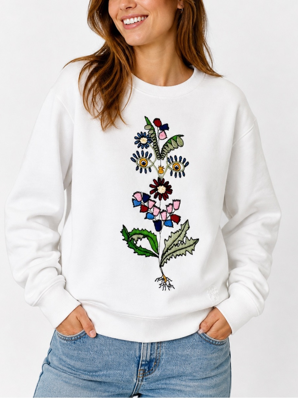 TORY BURCH White Sweatshirt w Floral Embroidery Womens Top